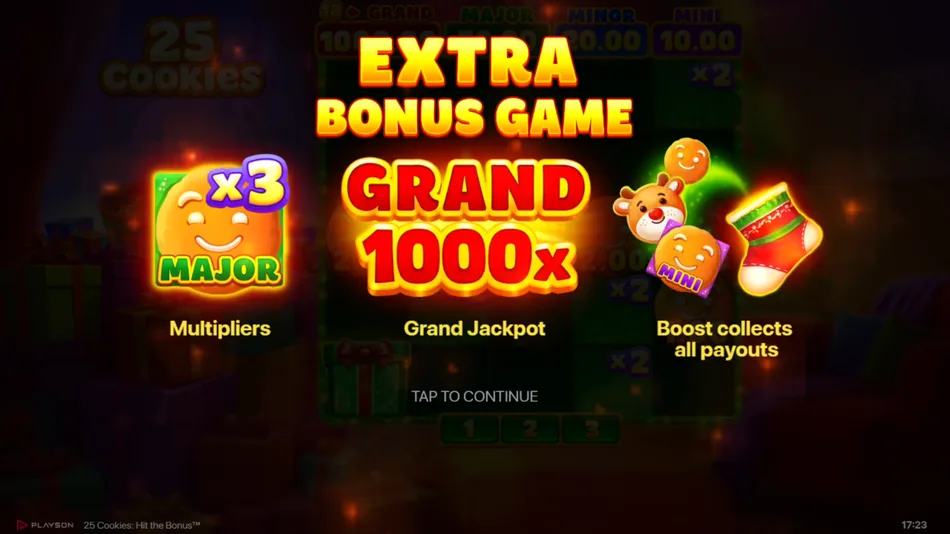 Extra Bonus Game activation screen on the 25 Cookies: Hit the Bonus middle row