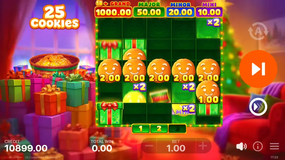 Stacking multipliers placed over symbol cells on the 25 Cookies: Hit the Bonus grid